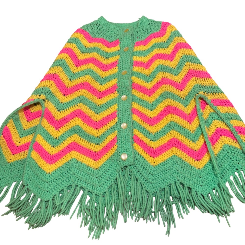 Vintage Handmade Crochet Chevron Poncho Neon Pink Green Yellow Fringe Boho Retro